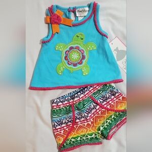 Rare Editions Blue Turtle Top and Multicolor Shorts Set. SZ 3-6 Mths